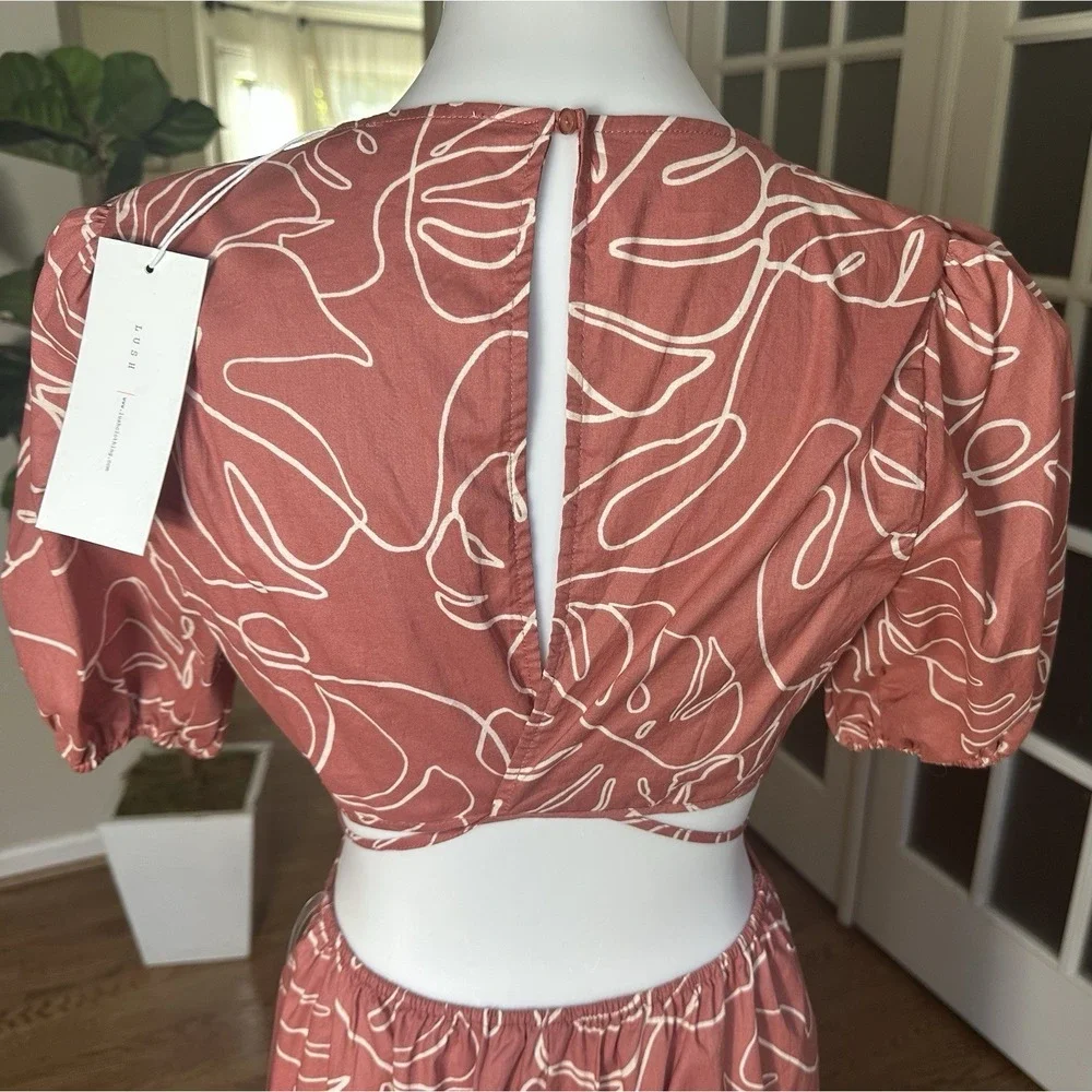 Lush Caramel Abstract Puff Sleeve Cutout Midi Dress Size M NWT 100% Cotton - Picture 9 of 12